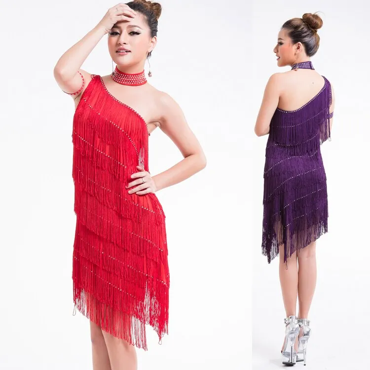 1920s Gatsby Flapper Sexy One Shoulder Tiered Fringe Dress Irregular Tassel Hem Latin Dance Dress Party Dancewear