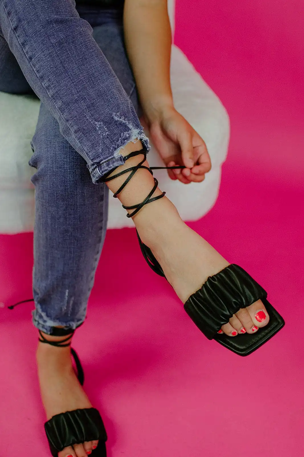 Black Lace Up Square Toe Sandal