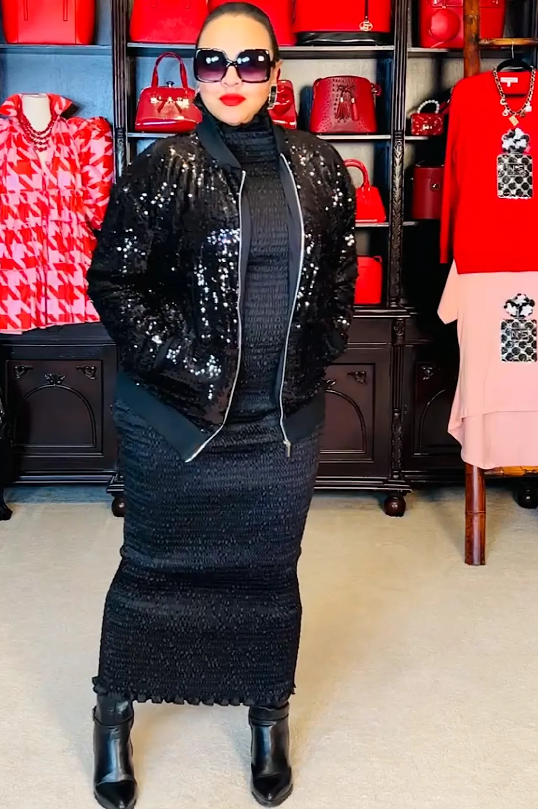 Black Sequin Zipper Front Jacket