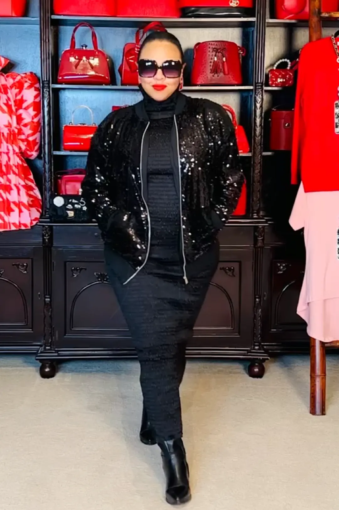 Black Sequin Zipper Front Jacket