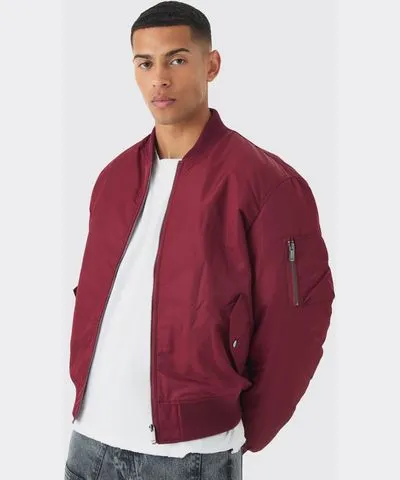 boohooMAN Mens Oversized Boxy Padded Nylon Bomber Jacket In Burgundy