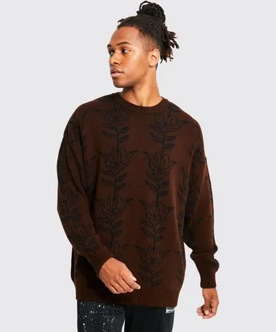 boohooMAN Mens Oversized Leaf Print Knitted Sweater