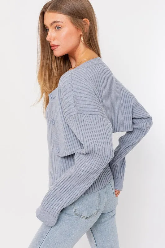 Button Front Sweater Tube Top w/ Cropped Cardigan