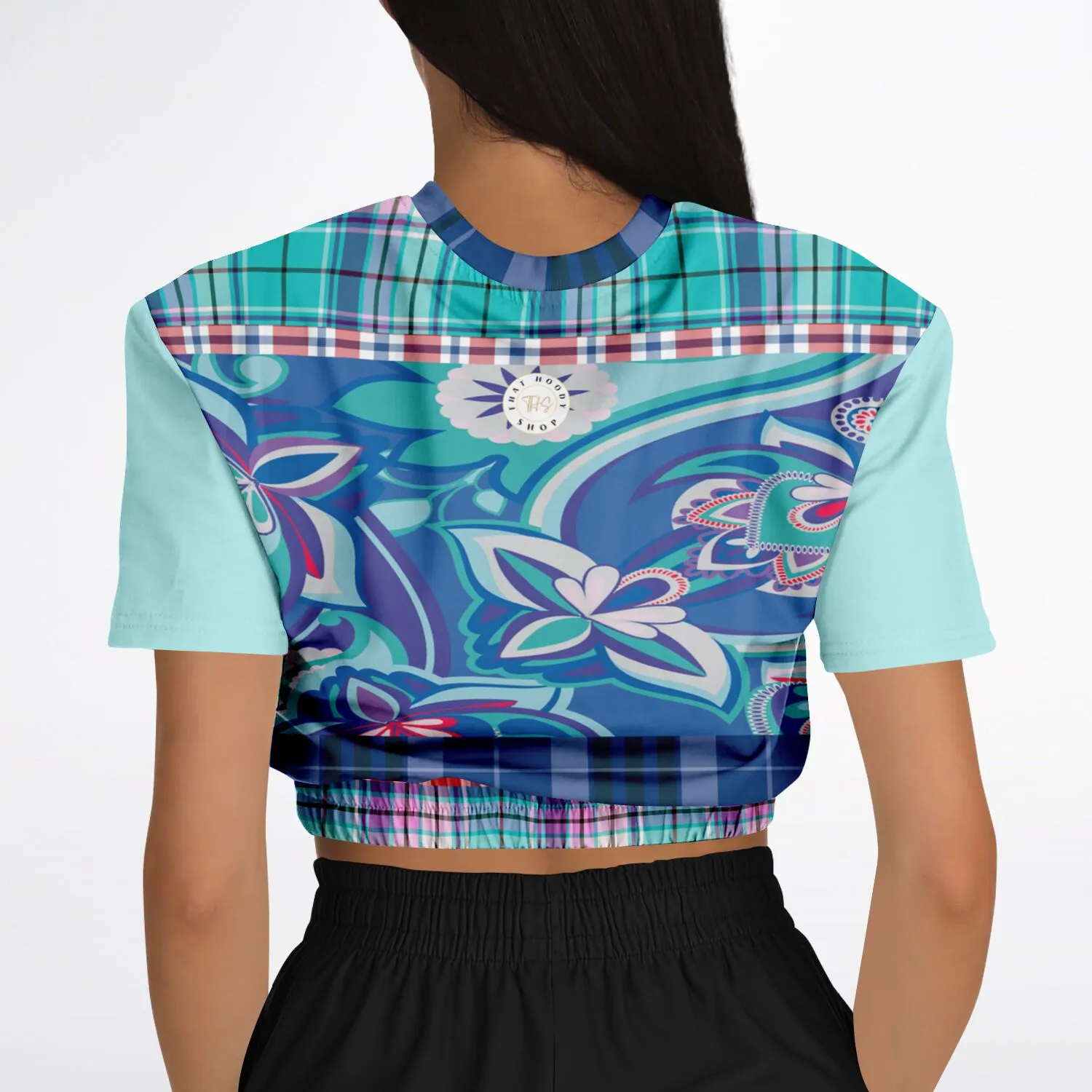 Cerulean Paisley Short Sleeve Cropped Eco-Poly Sweater