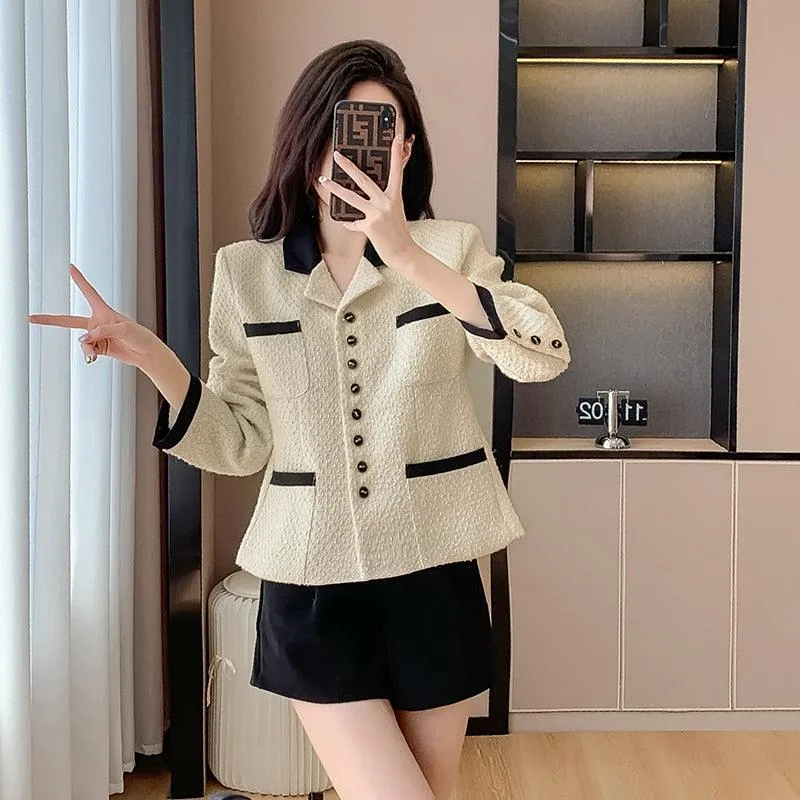 Chic Double Pocket Tweed Jacket Women