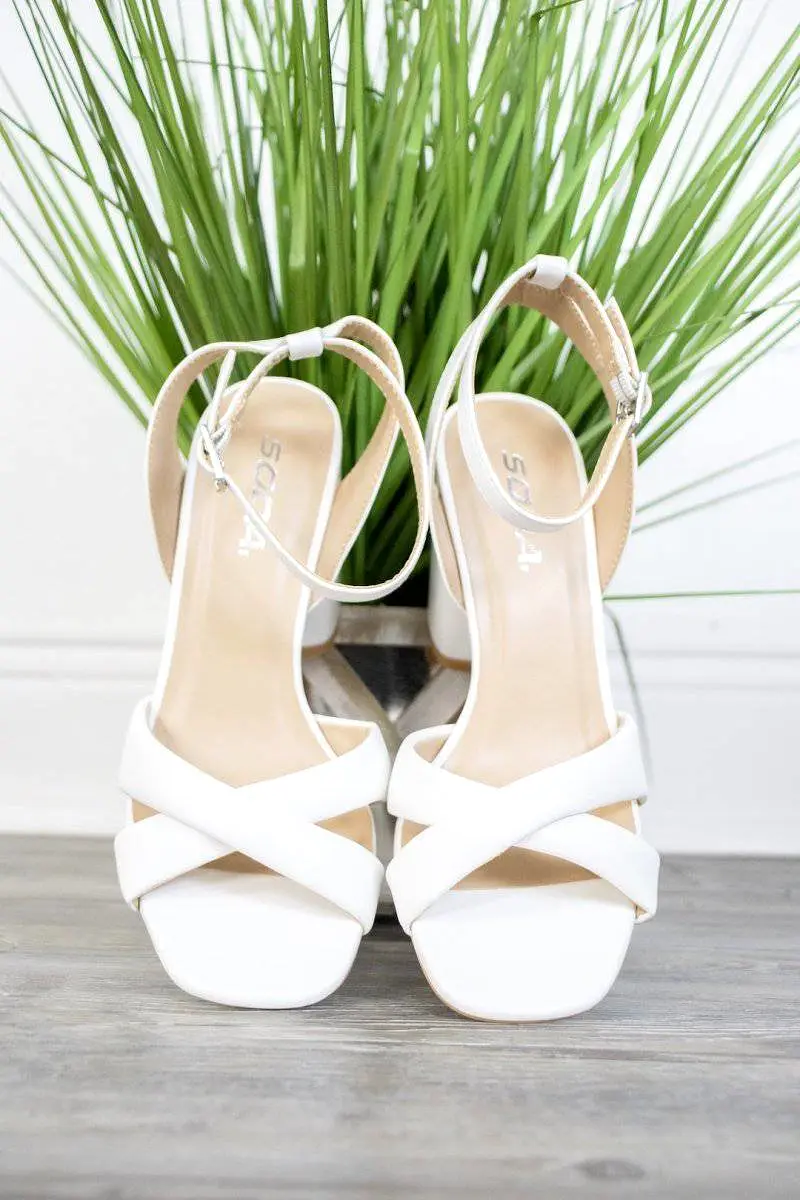 Chunky White X-Strap Heels