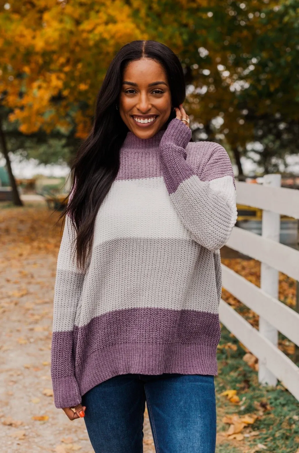 Cozy Looks Color Block Sweater- Purples, Ivory, & Grey