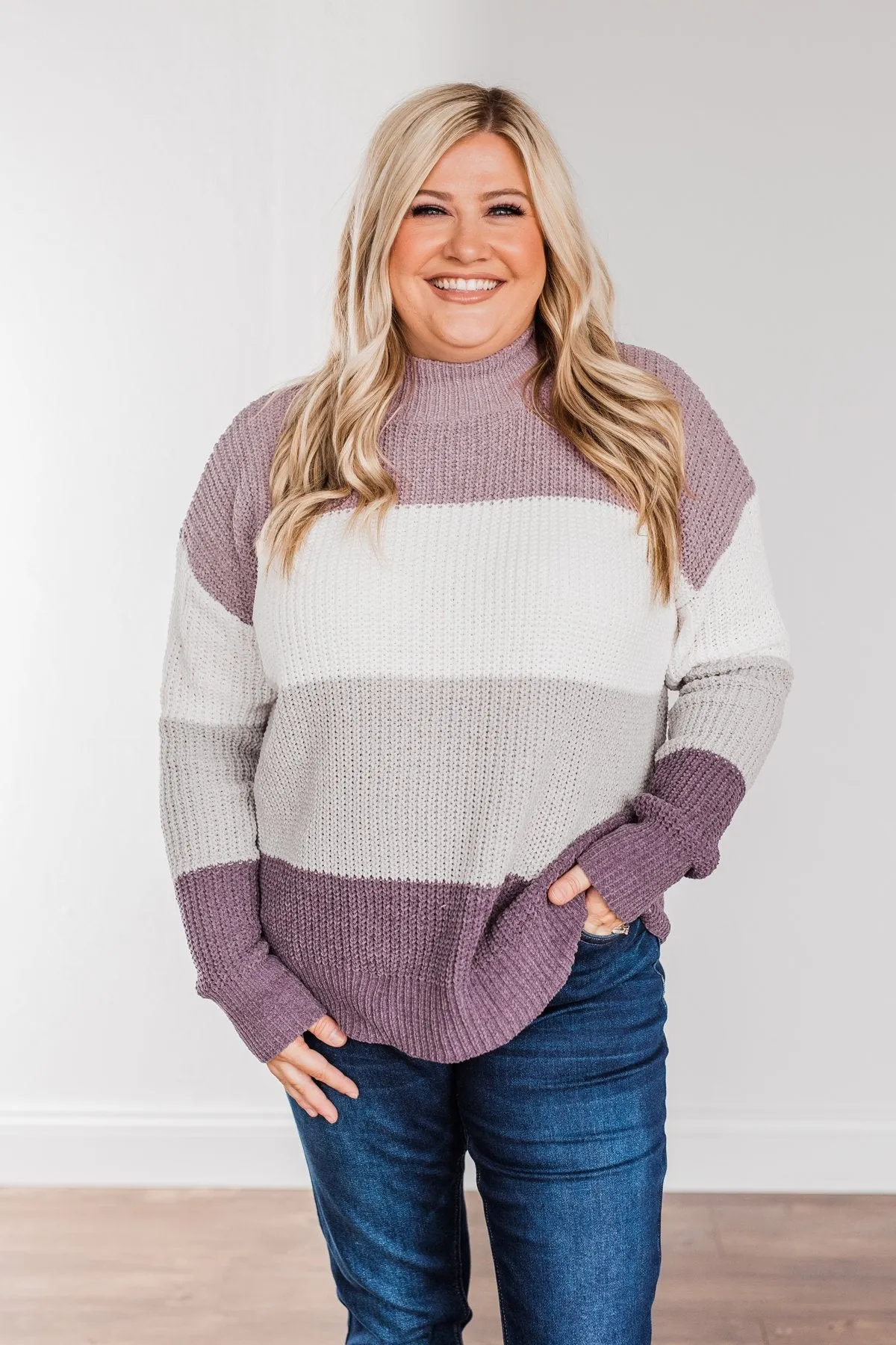 Cozy Looks Color Block Sweater- Purples, Ivory, & Grey