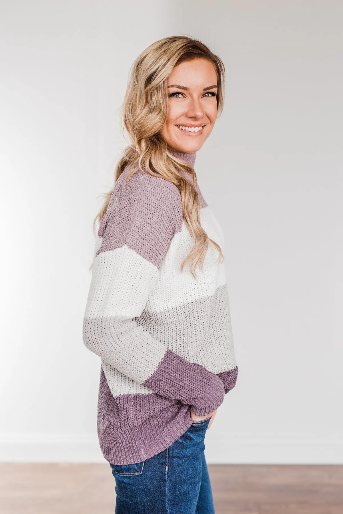 Cozy Looks Color Block Sweater- Purples, Ivory, & Grey