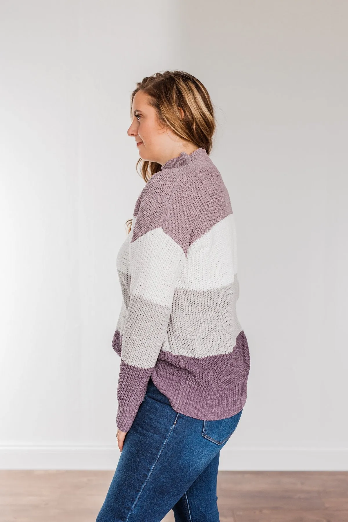 Cozy Looks Color Block Sweater- Purples, Ivory, & Grey