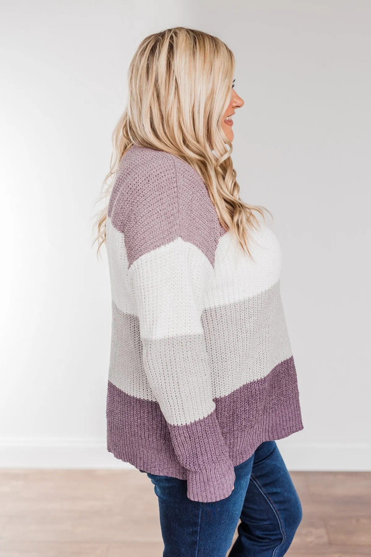 Cozy Looks Color Block Sweater- Purples, Ivory, & Grey