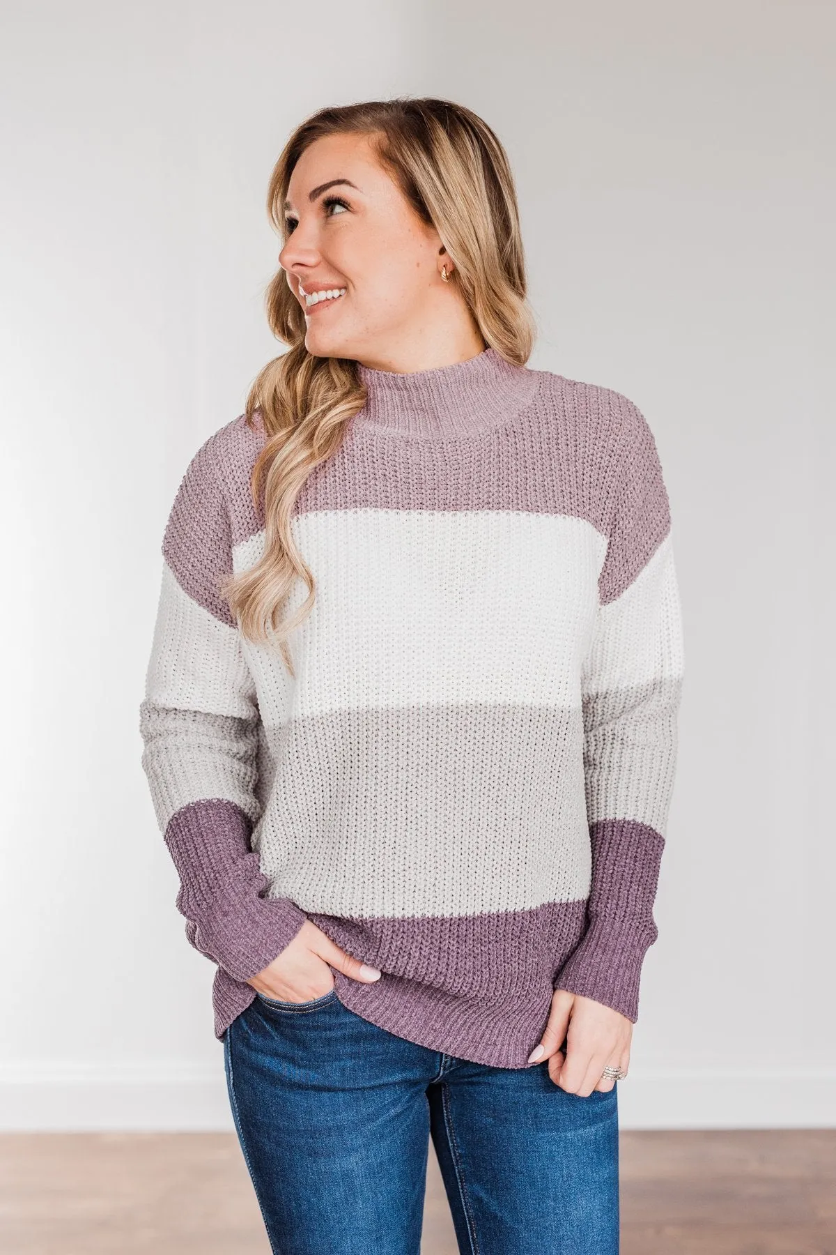 Cozy Looks Color Block Sweater- Purples, Ivory, & Grey