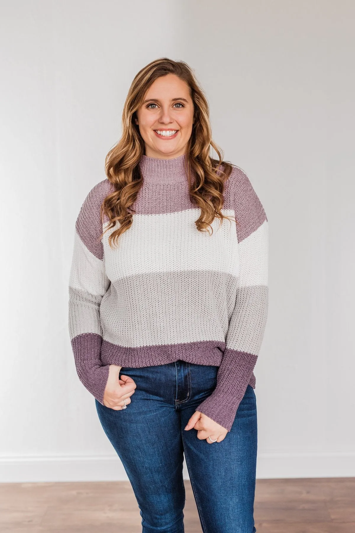 Cozy Looks Color Block Sweater- Purples, Ivory, & Grey