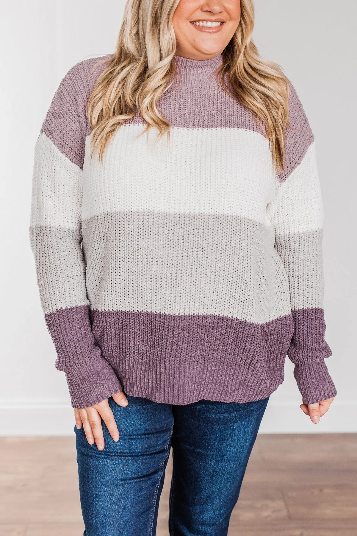 Cozy Looks Color Block Sweater- Purples, Ivory, & Grey