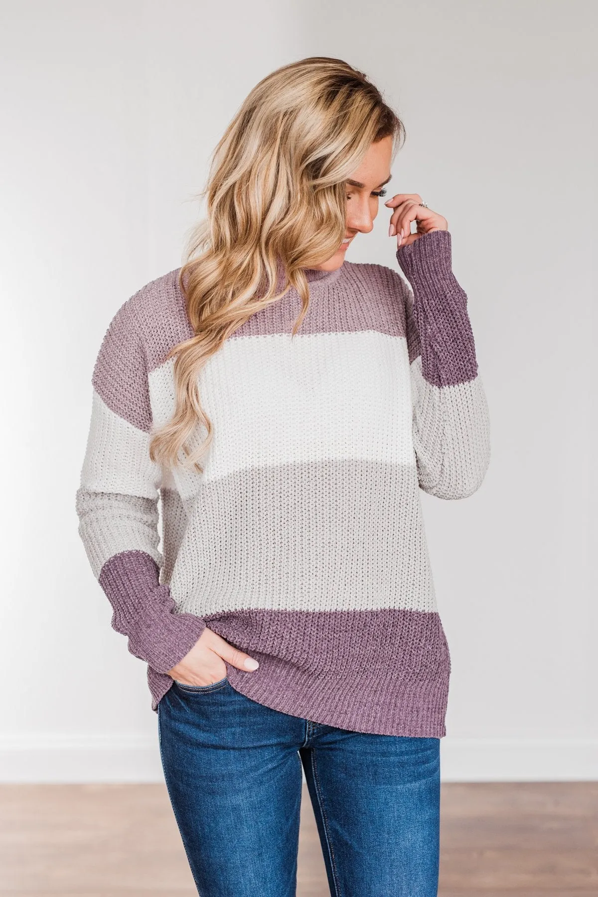 Cozy Looks Color Block Sweater- Purples, Ivory, & Grey