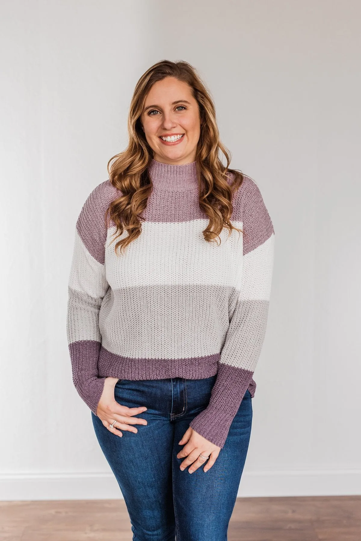 Cozy Looks Color Block Sweater- Purples, Ivory, & Grey