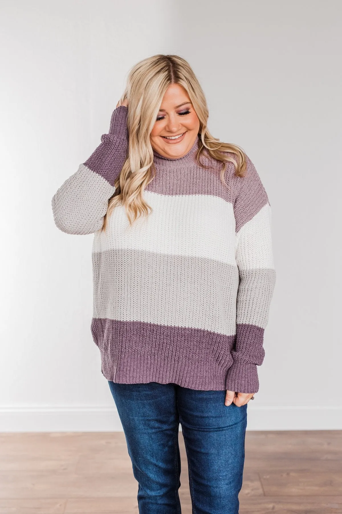 Cozy Looks Color Block Sweater- Purples, Ivory, & Grey