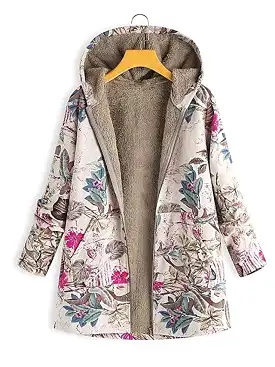 Cozy Pink Sherpa Hooded Jacket with Tree/Leaves Pattern