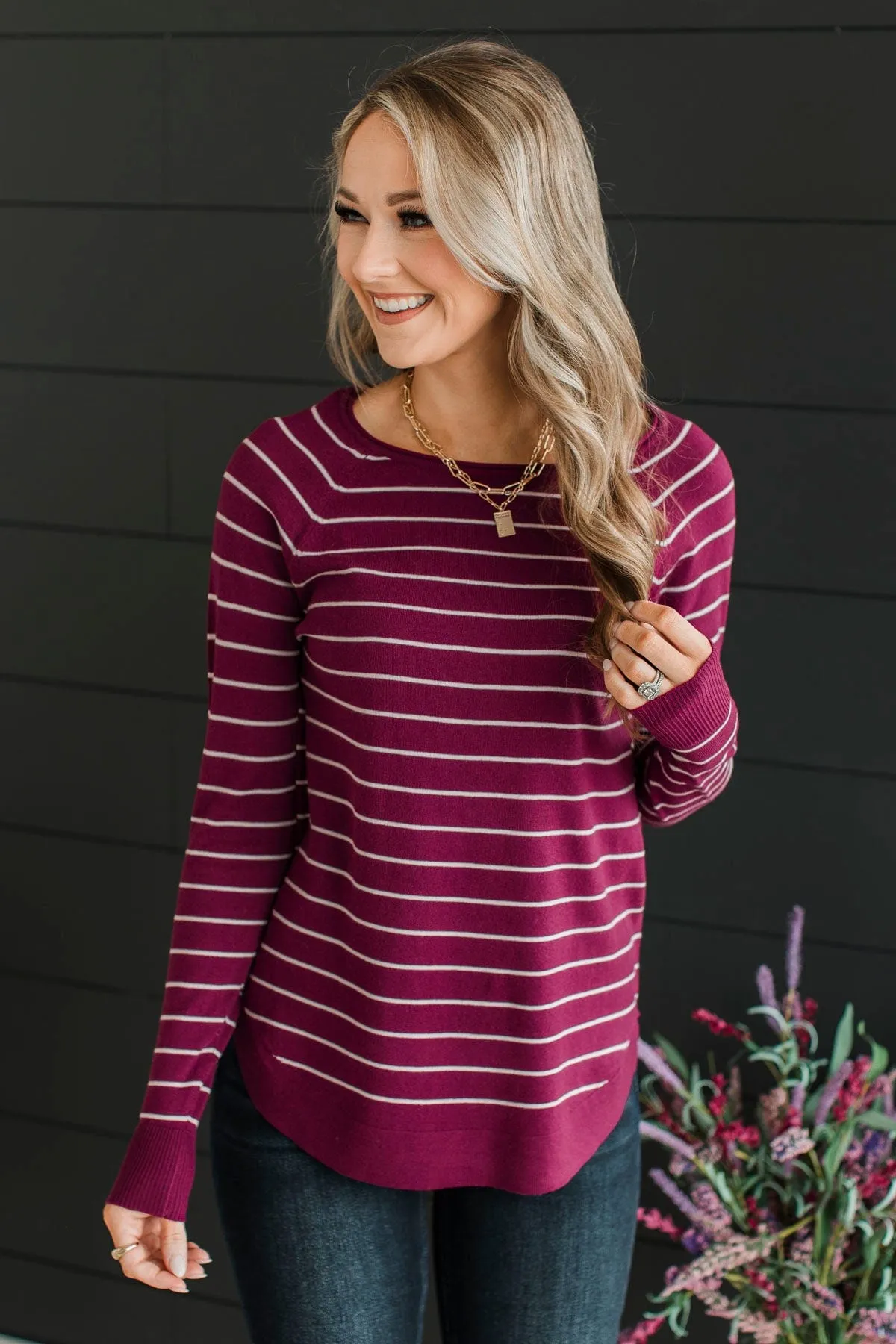 Days Like These Striped Knit Sweater- Plum & Ivory