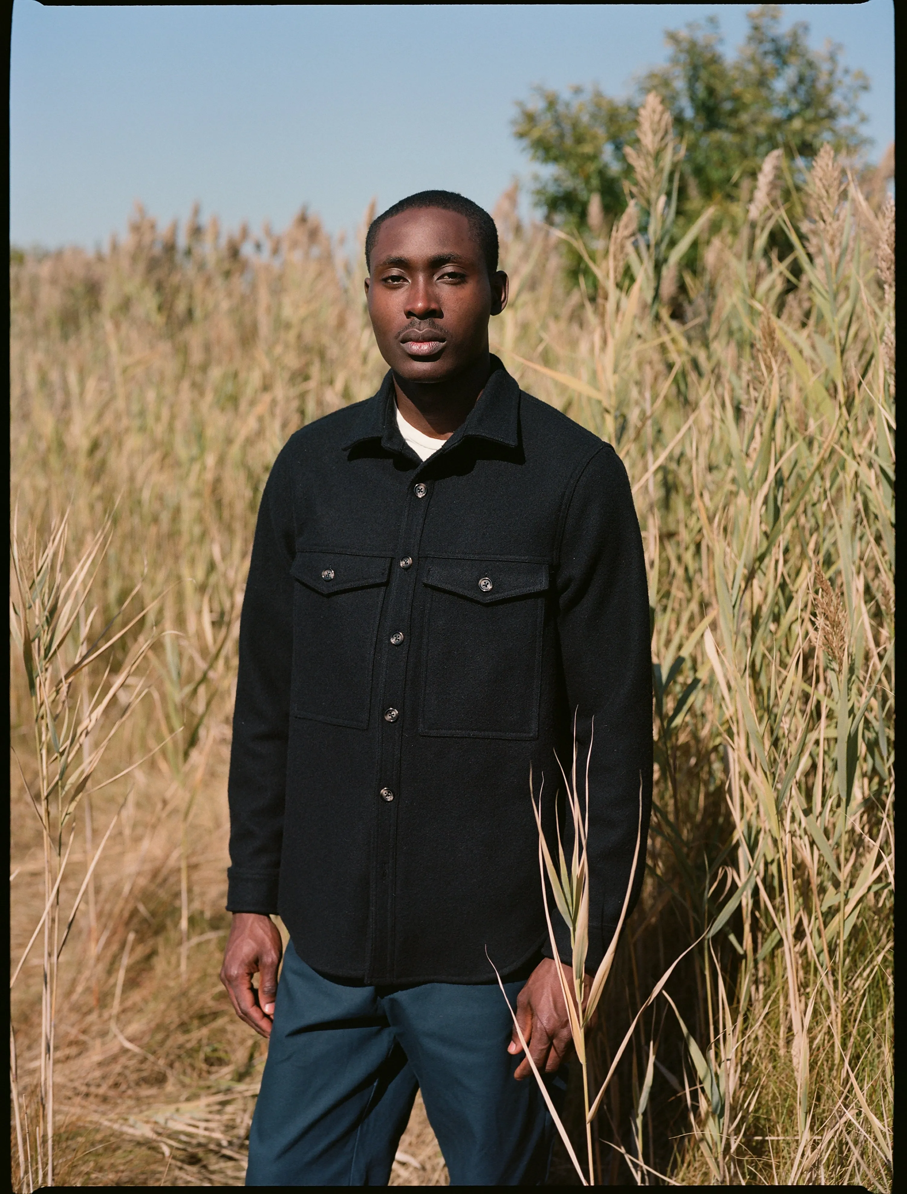 Double Pocket Shirt Jacket, Black Melton Wool