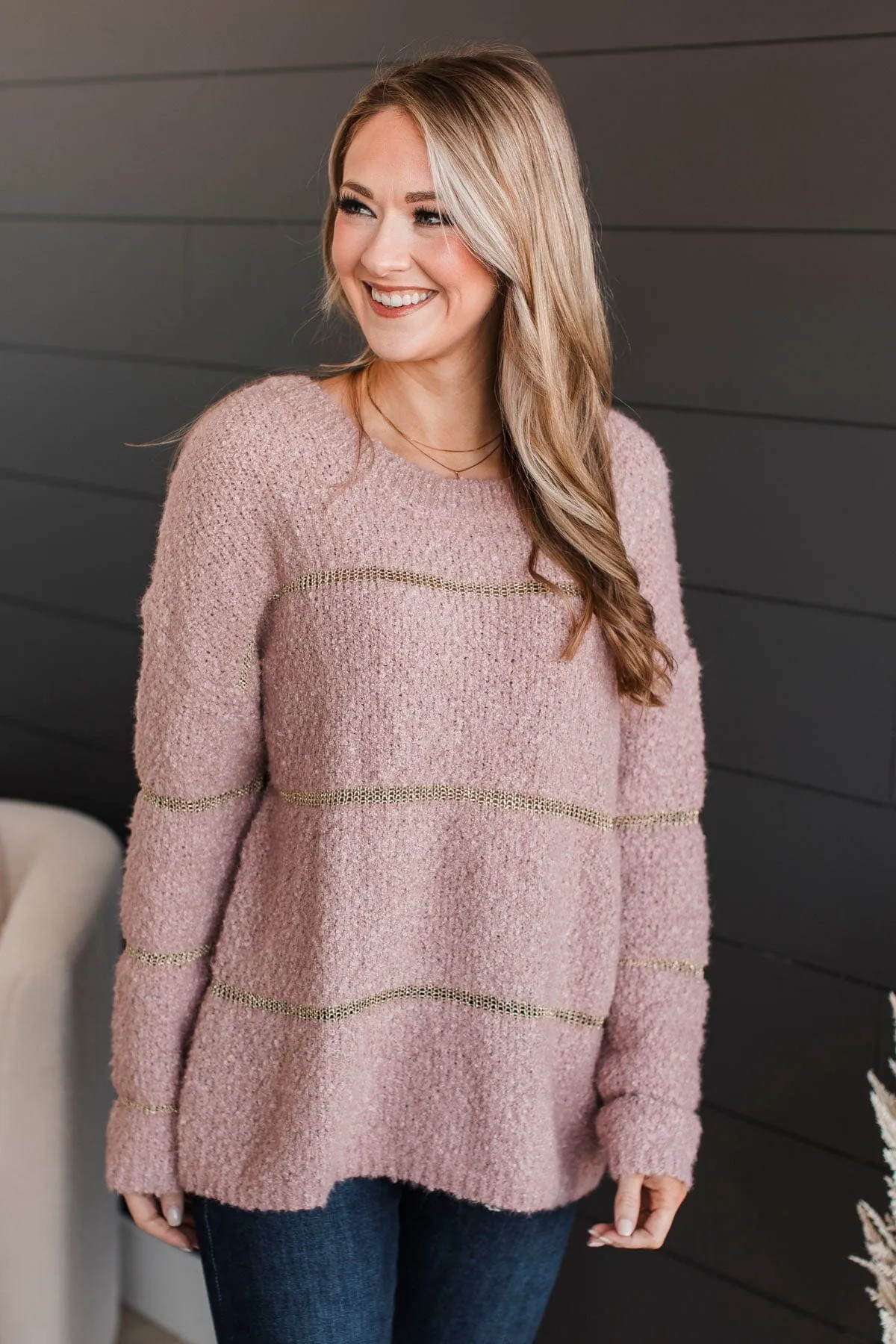 Drawn To You Striped Knit Sweater- Mauve & Gold