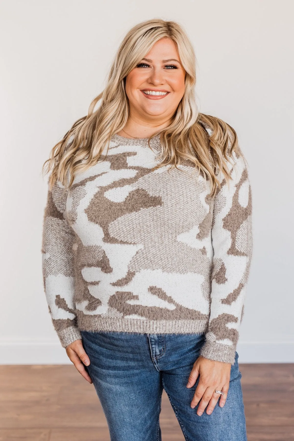 Easy Mornings Thick Knit Camo Sweater- Mocha & Ivory