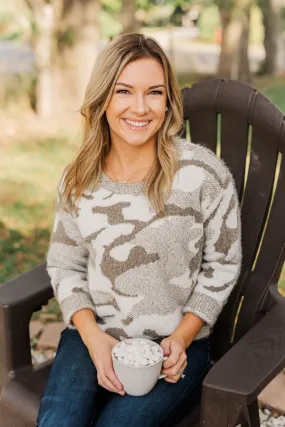 Easy Mornings Thick Knit Camo Sweater- Mocha & Ivory