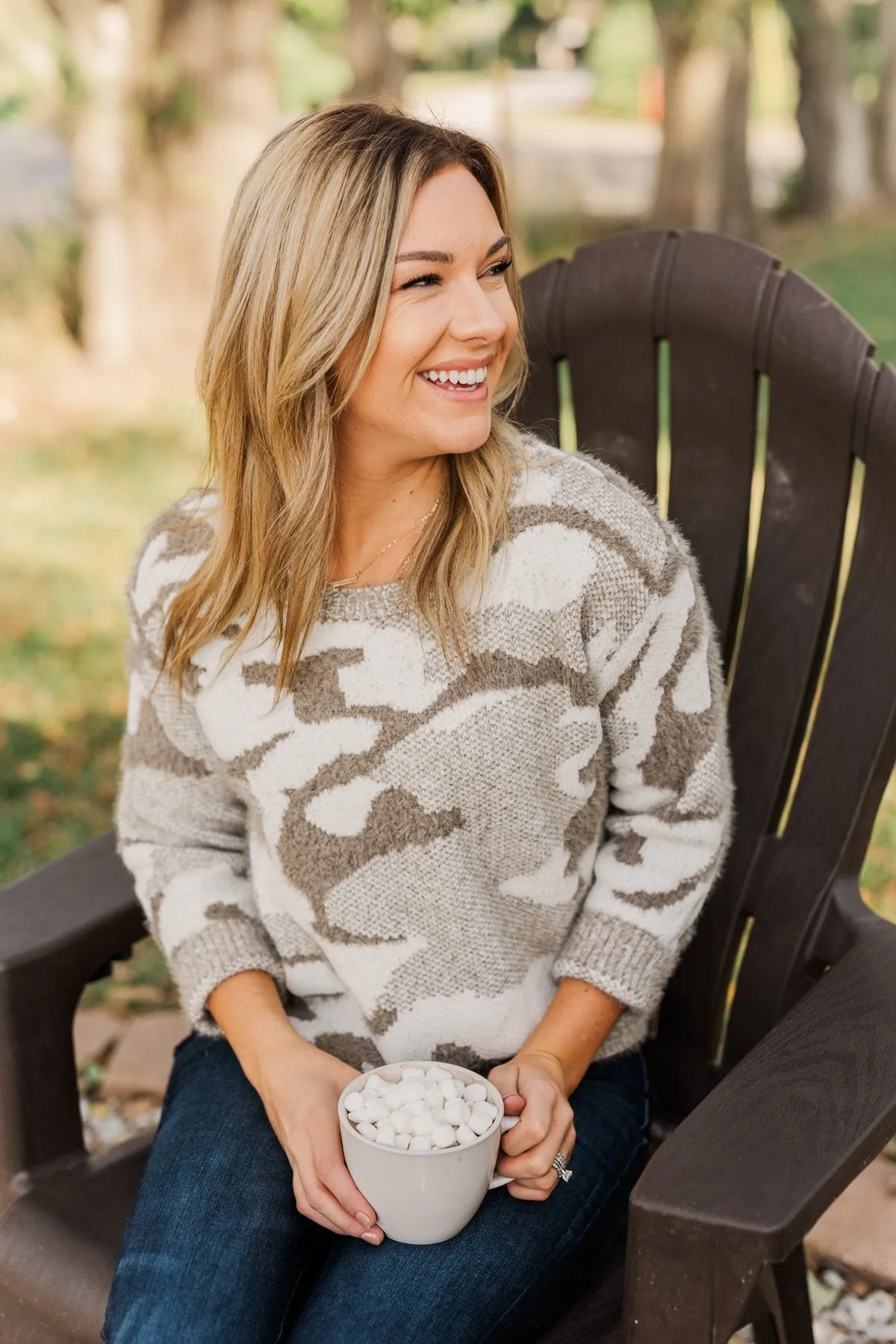 Easy Mornings Thick Knit Camo Sweater- Mocha & Ivory