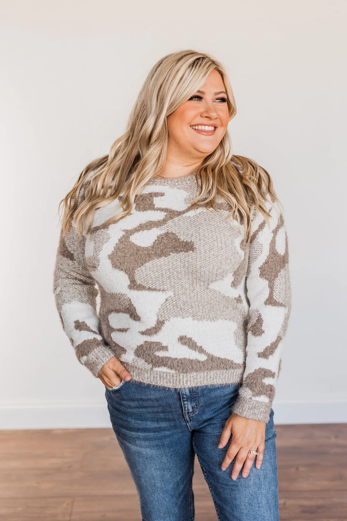 Easy Mornings Thick Knit Camo Sweater- Mocha & Ivory