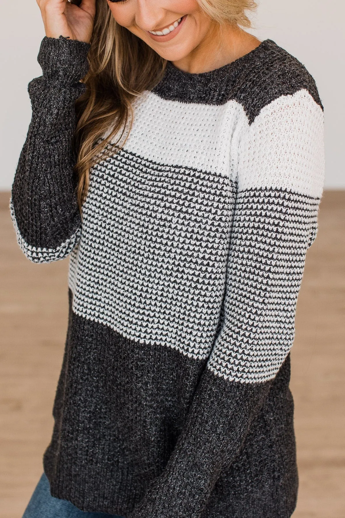 Enjoying Life Color Block Knit Sweater- Ivory & Charcoal