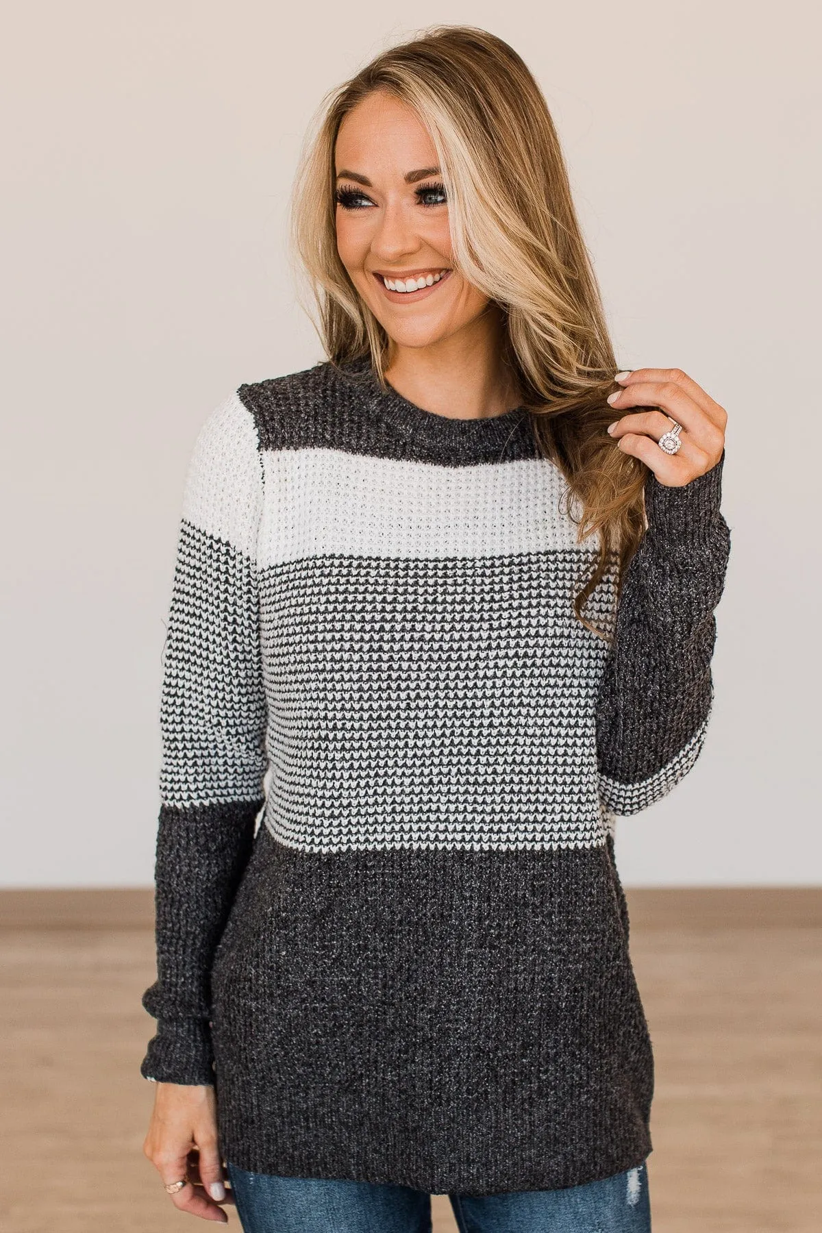 Enjoying Life Color Block Knit Sweater- Ivory & Charcoal