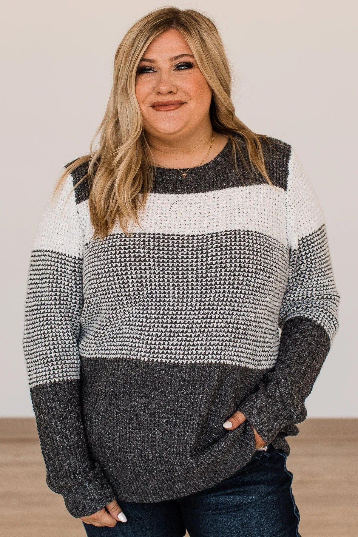 Enjoying Life Color Block Knit Sweater- Ivory & Charcoal