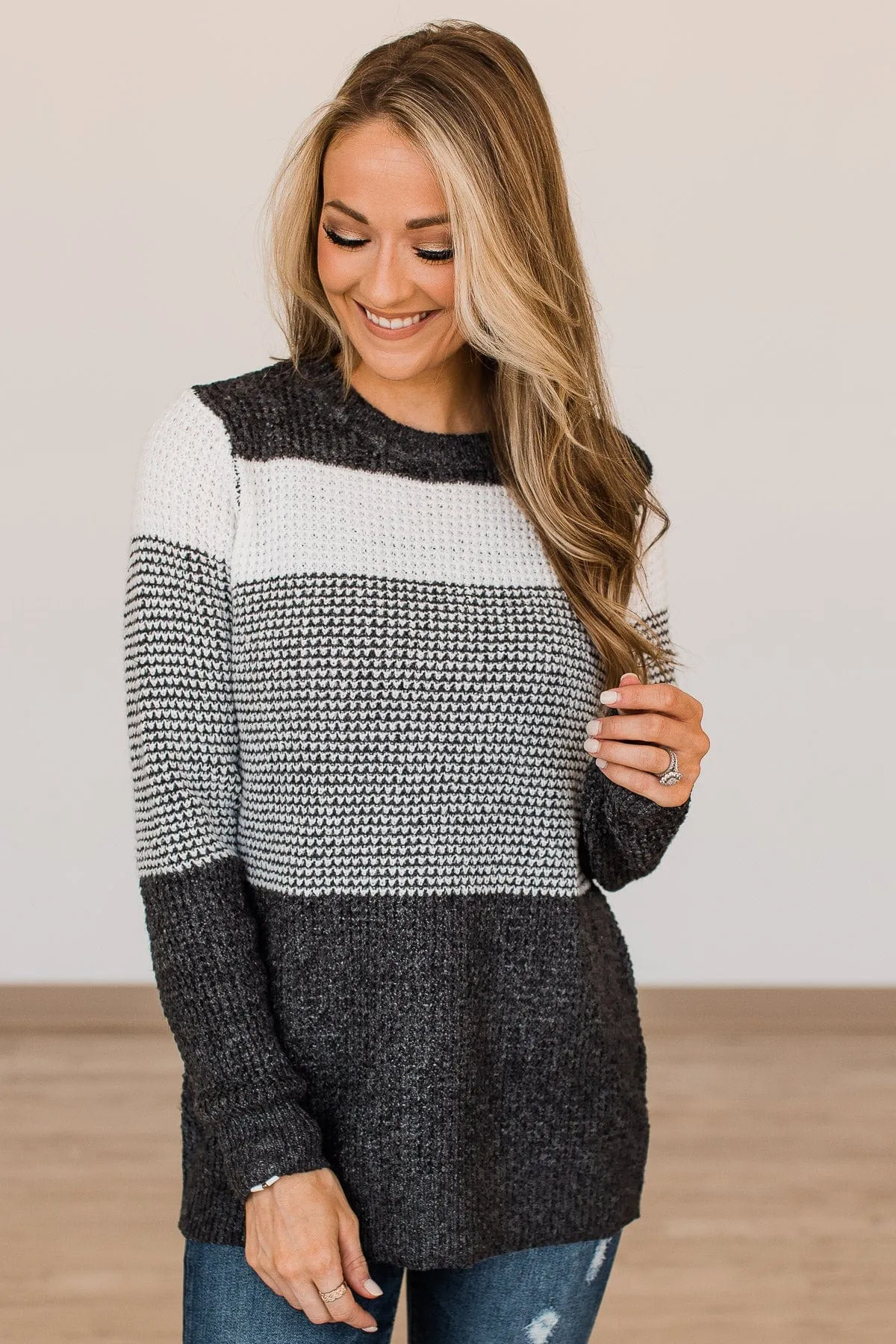 Enjoying Life Color Block Knit Sweater- Ivory & Charcoal