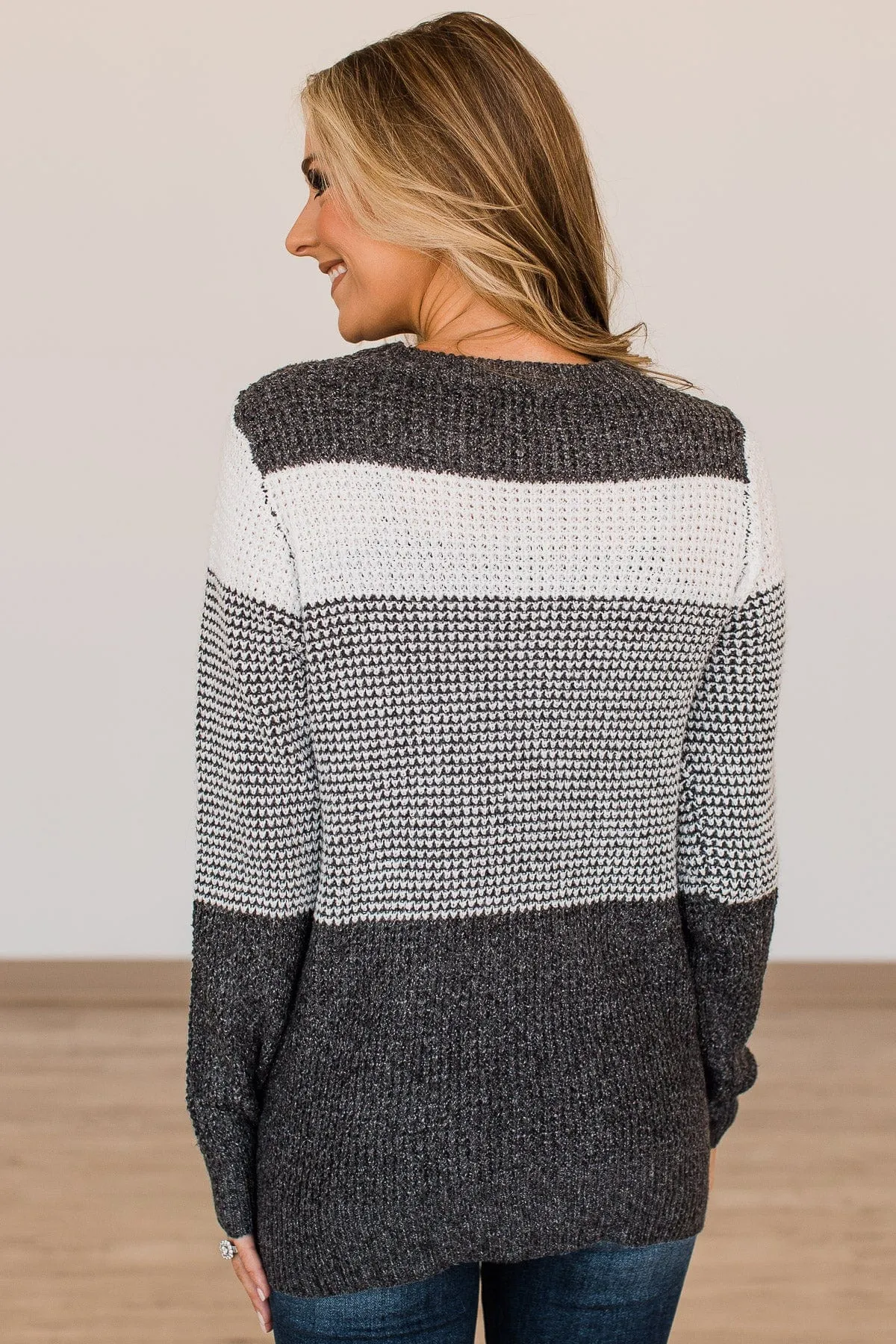 Enjoying Life Color Block Knit Sweater- Ivory & Charcoal