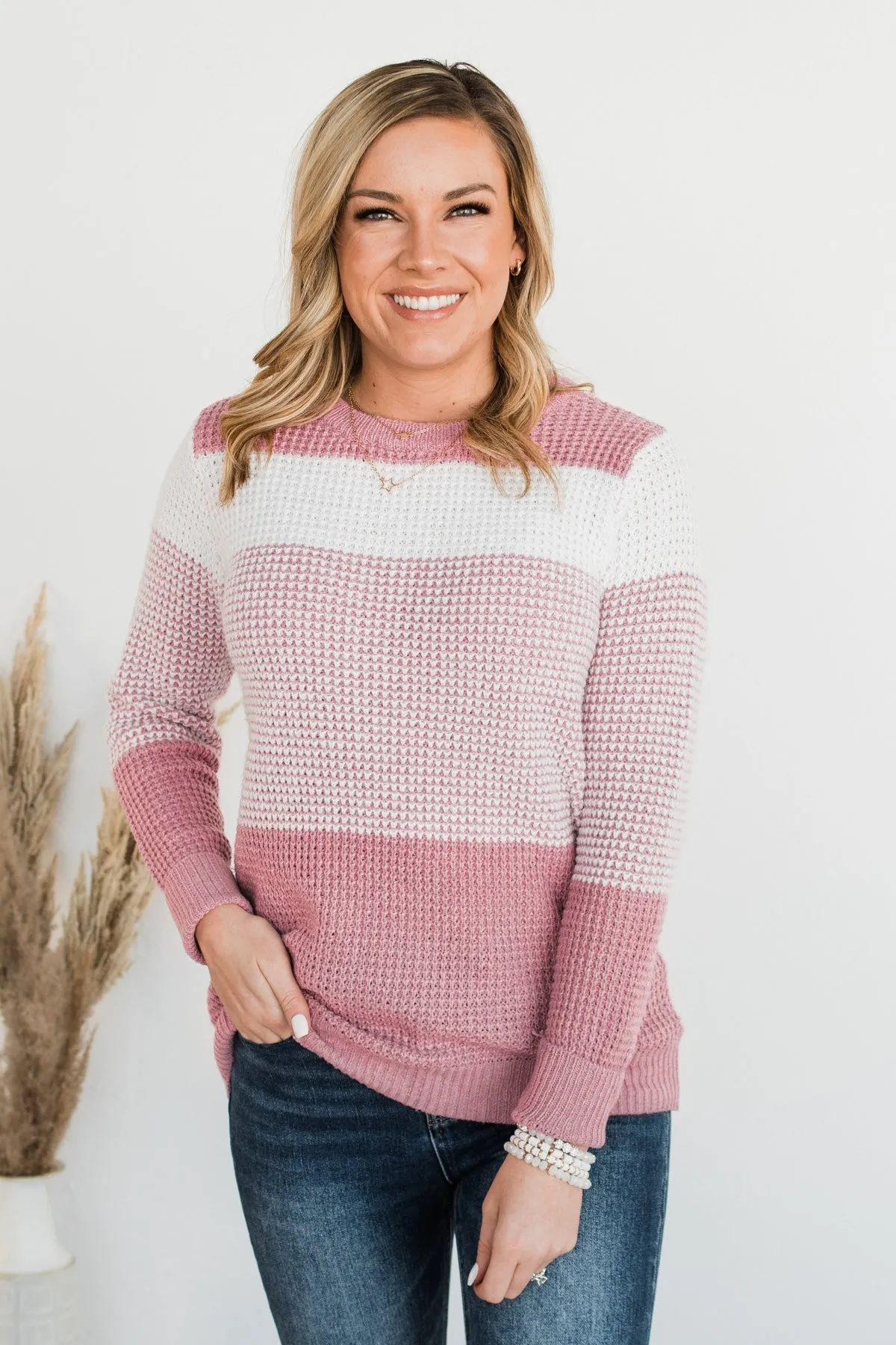 Enjoying Life Color Block Knit Sweater- Pink & Ivory