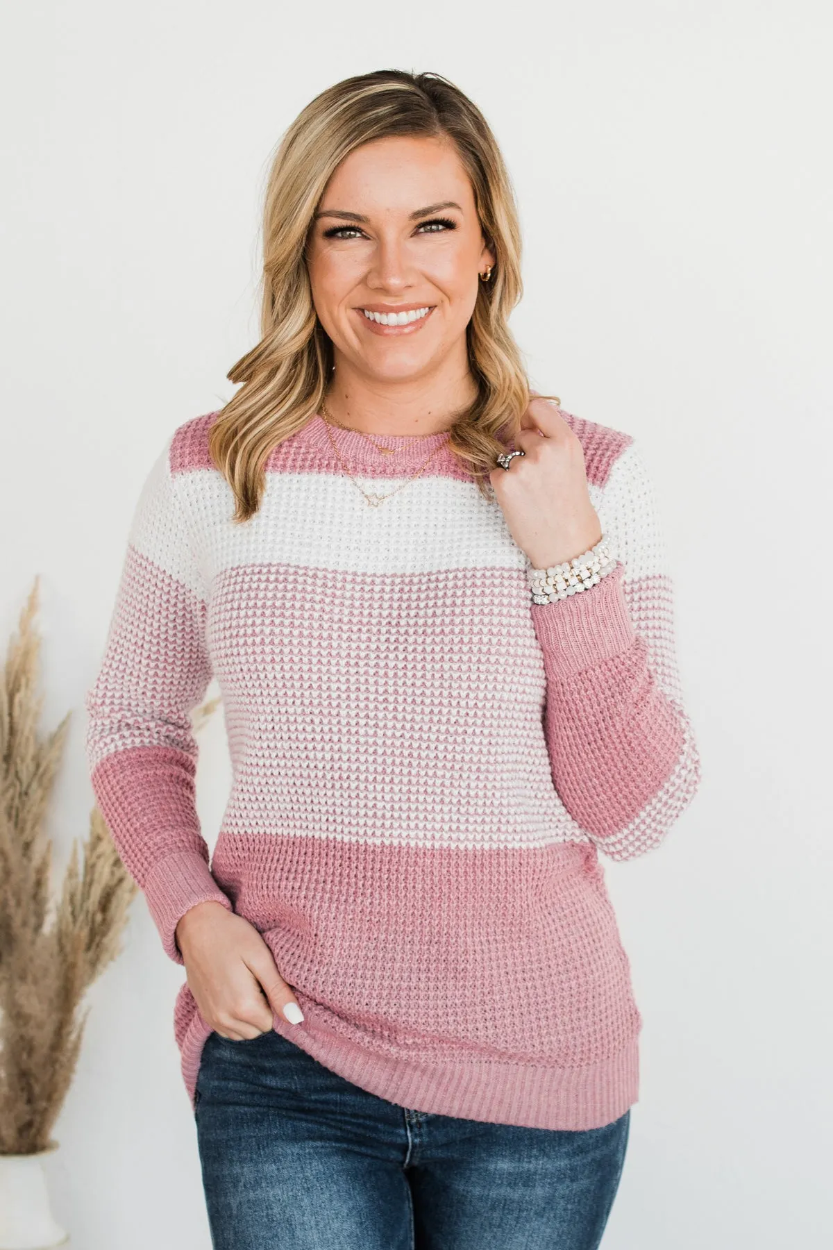 Enjoying Life Color Block Knit Sweater- Pink & Ivory