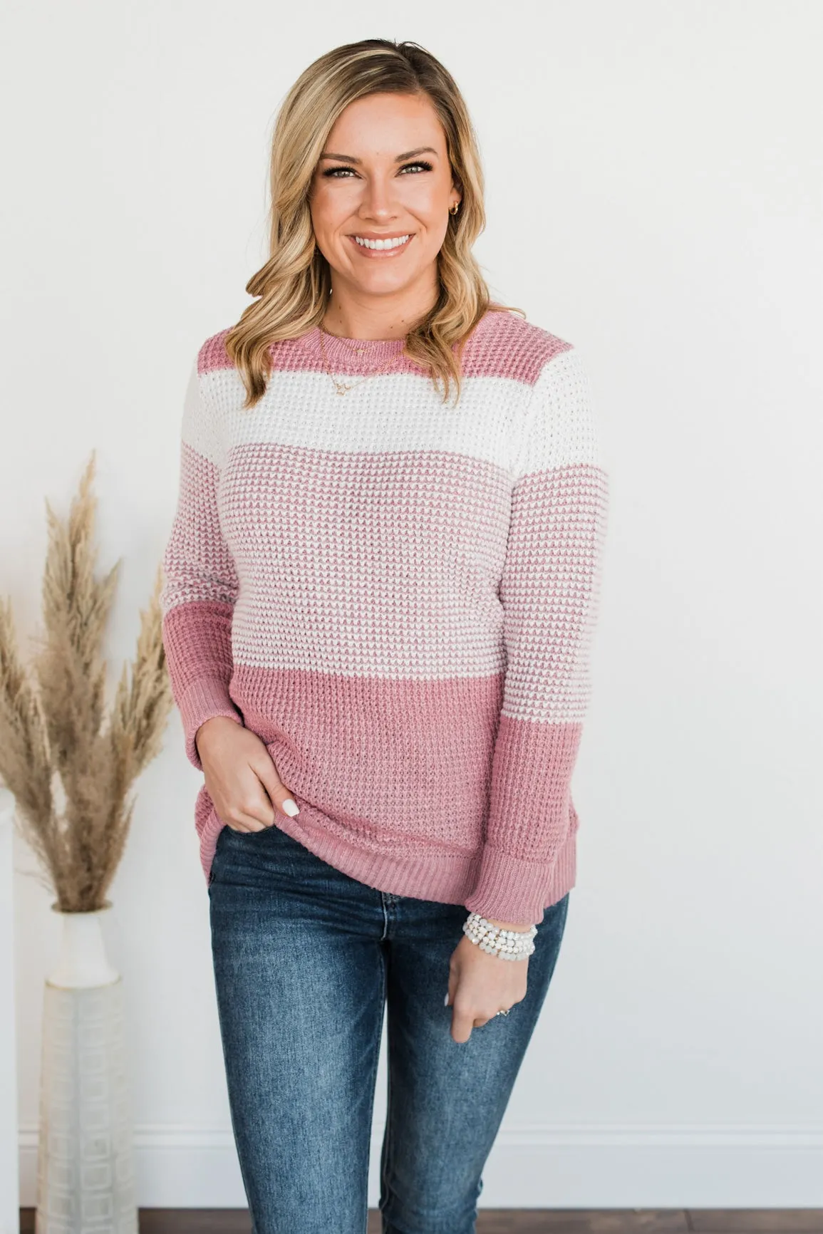 Enjoying Life Color Block Knit Sweater- Pink & Ivory