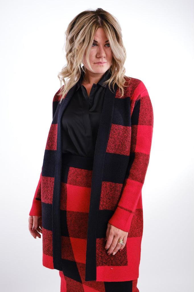 Esprit Buffalo Check Plaid Cardigan Sweater in Red