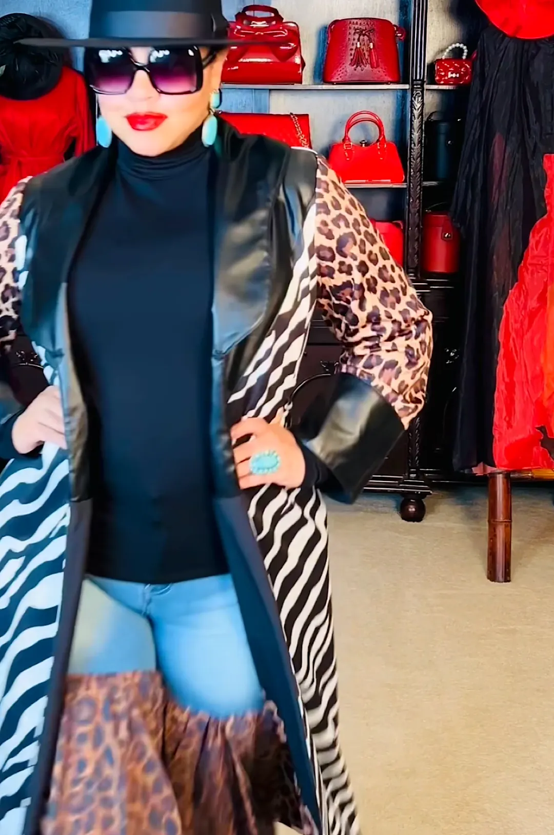 Faux Leather Animal Print Duster Jacket