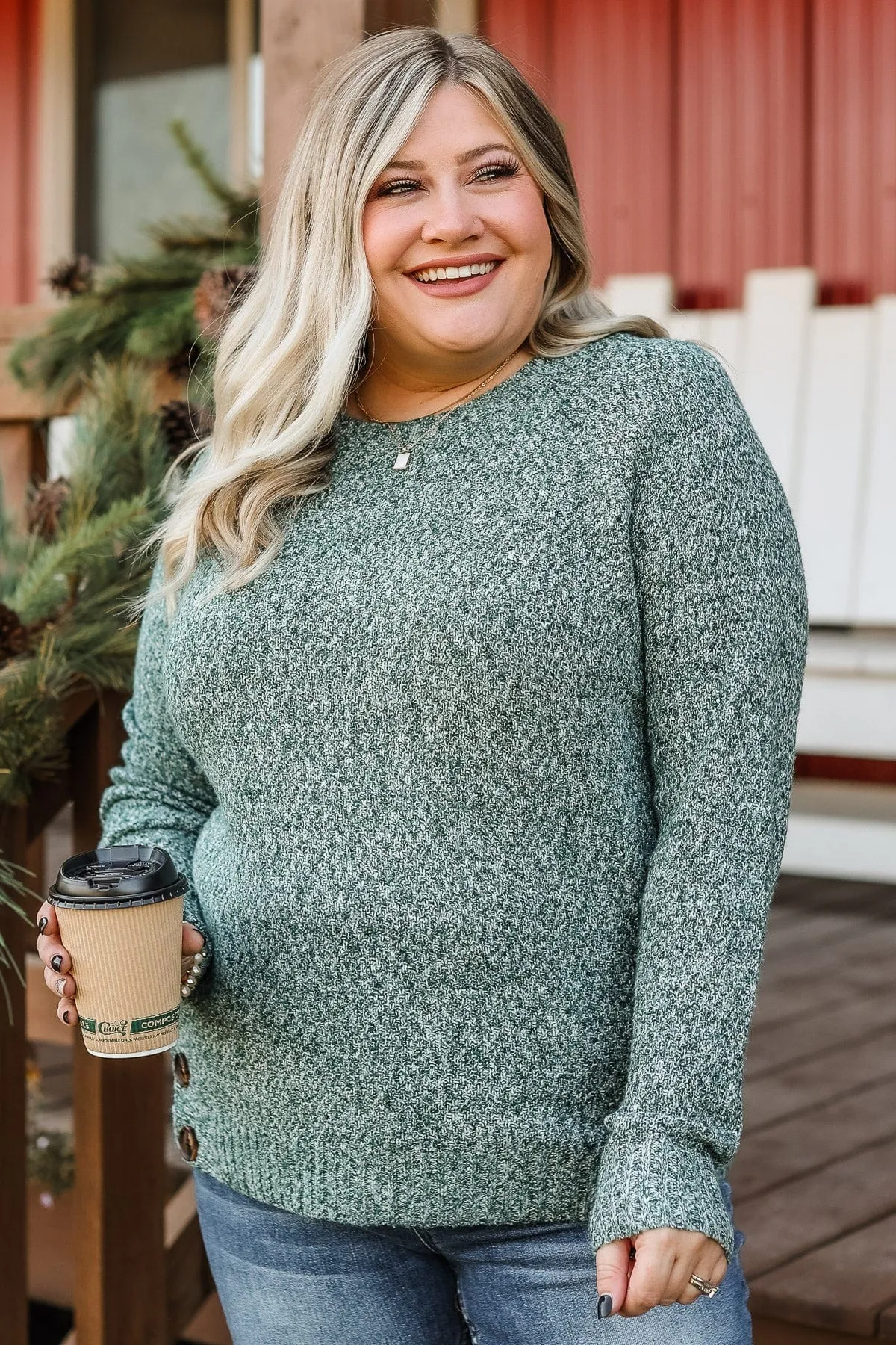 Find A Way Button Knit Sweater- Forest Green