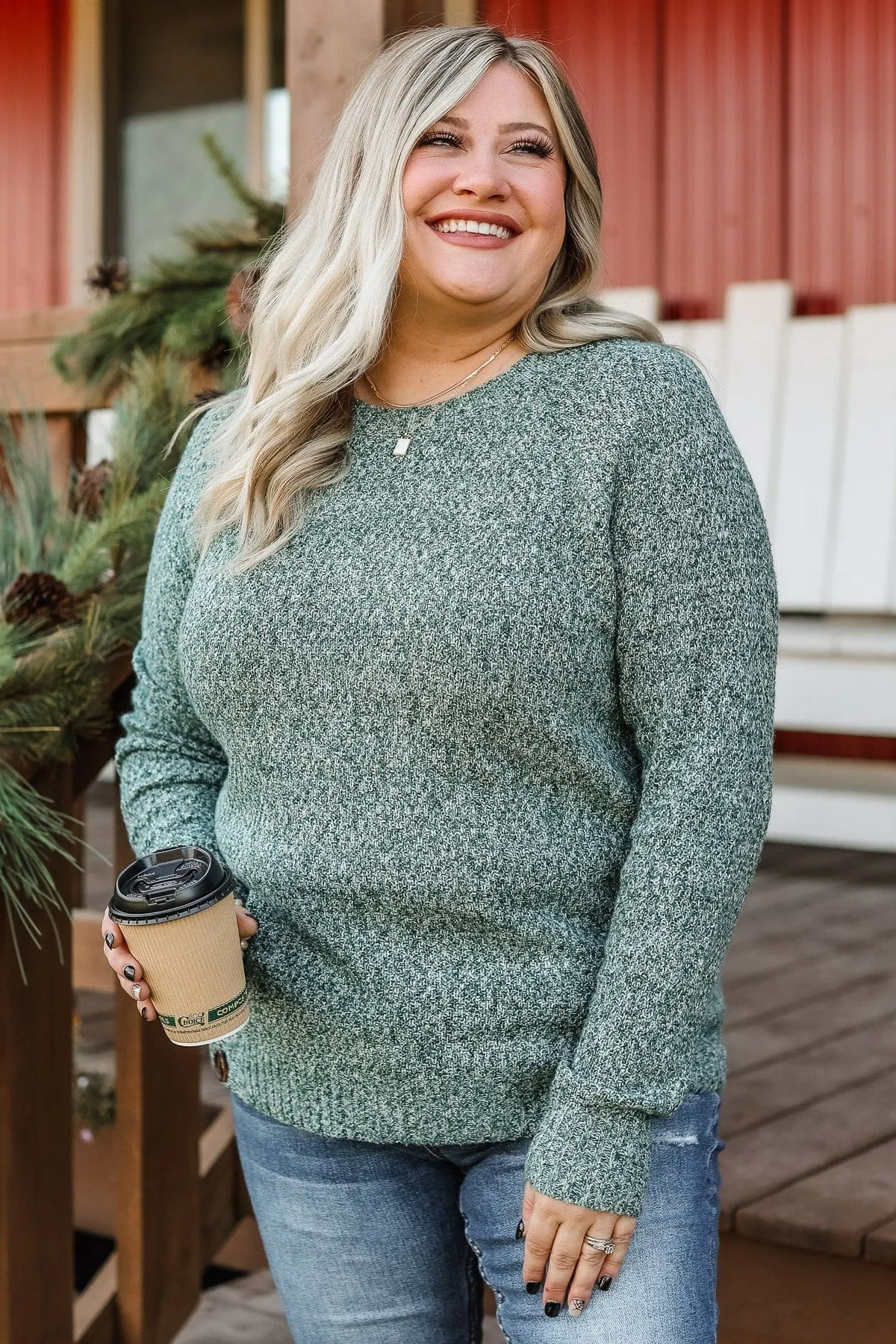 Find A Way Button Knit Sweater- Forest Green