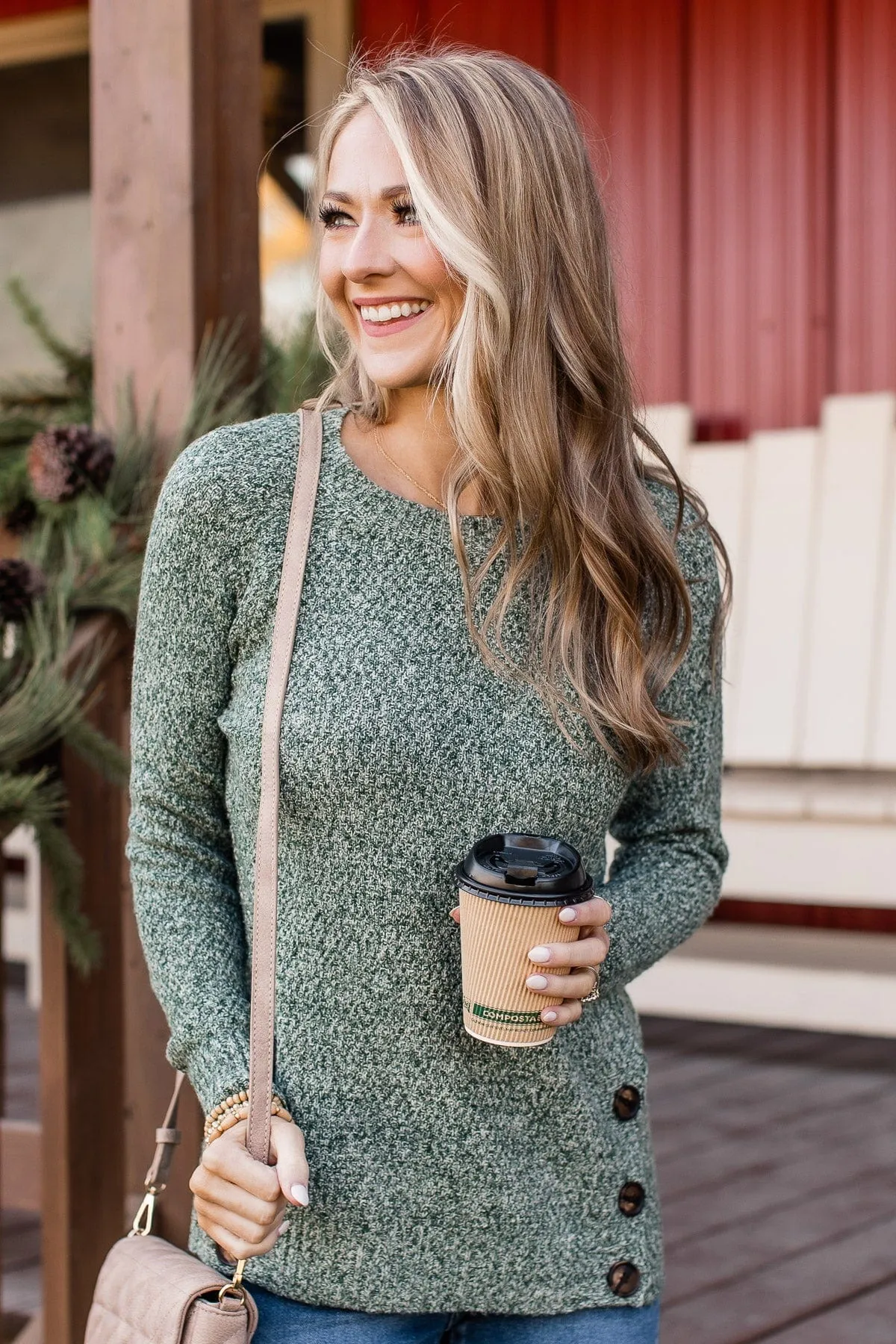 Find A Way Button Knit Sweater- Forest Green