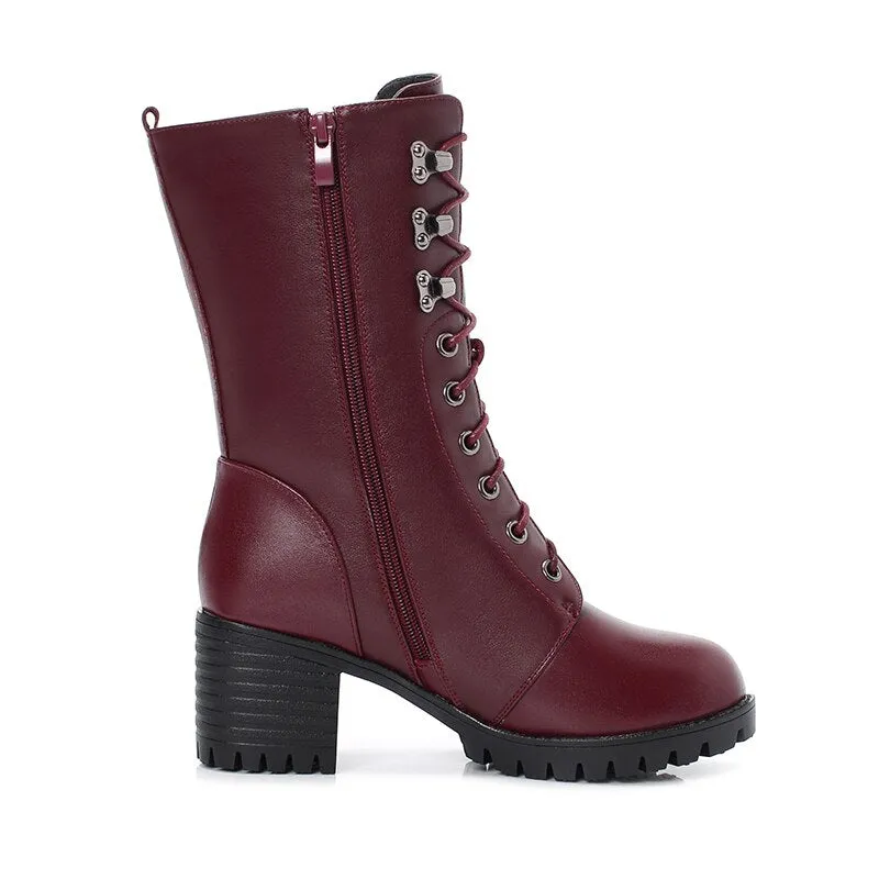 Genuine Leather High-heeled Large Size Motorcycle Boots Women New Wool Warm Winter Boots for Women