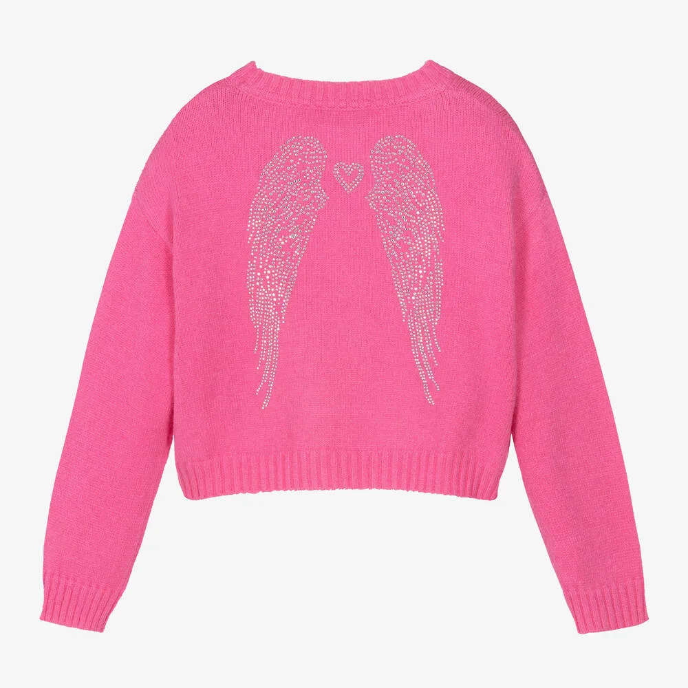 Girls Pink Diamanté Wings Sweater