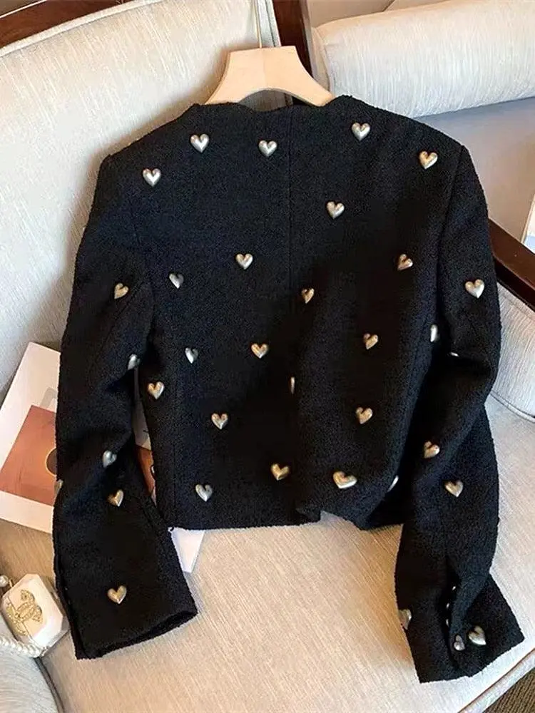 Hearts Pattern Black Wool Tweed Jacket Women