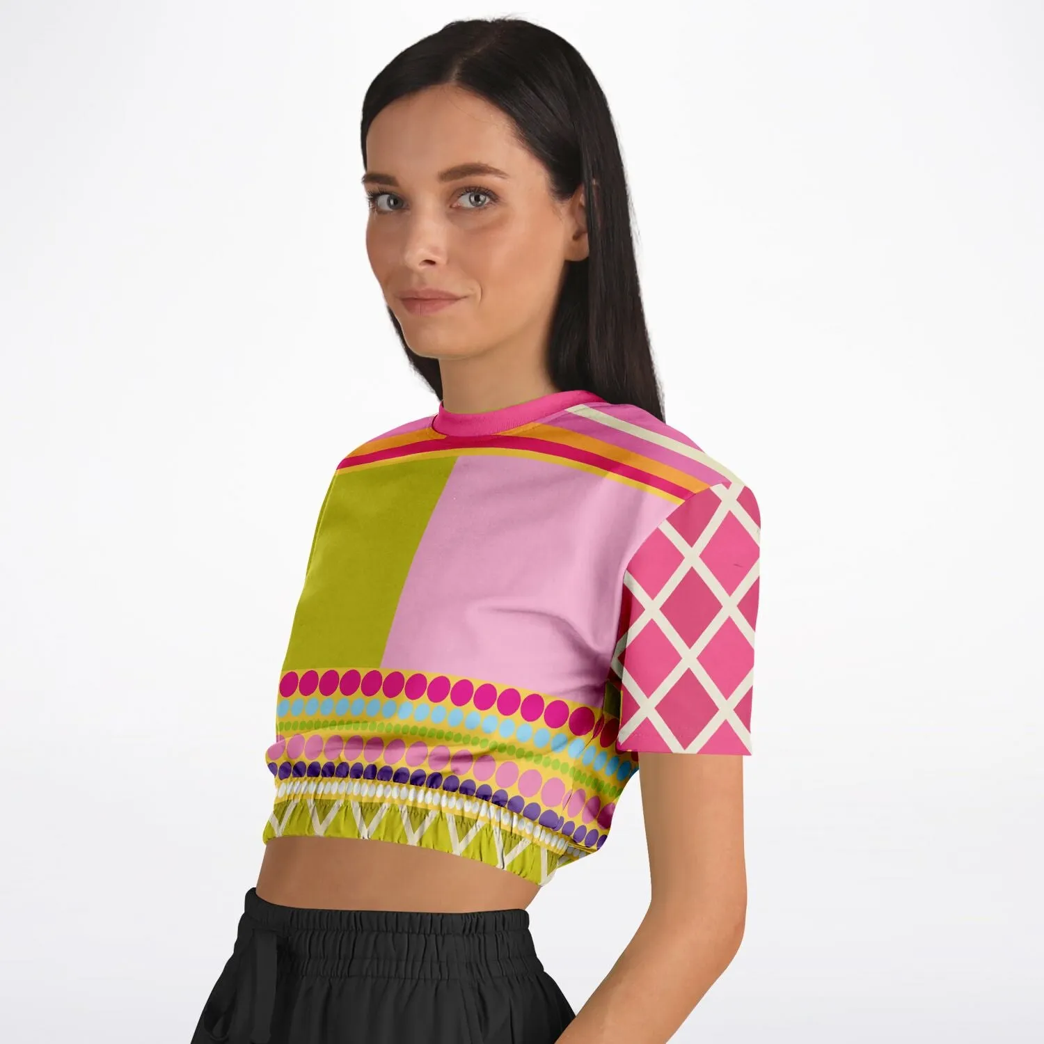 Hello Janis!  Pink Spliced Short Sleeve Cropped Sweater