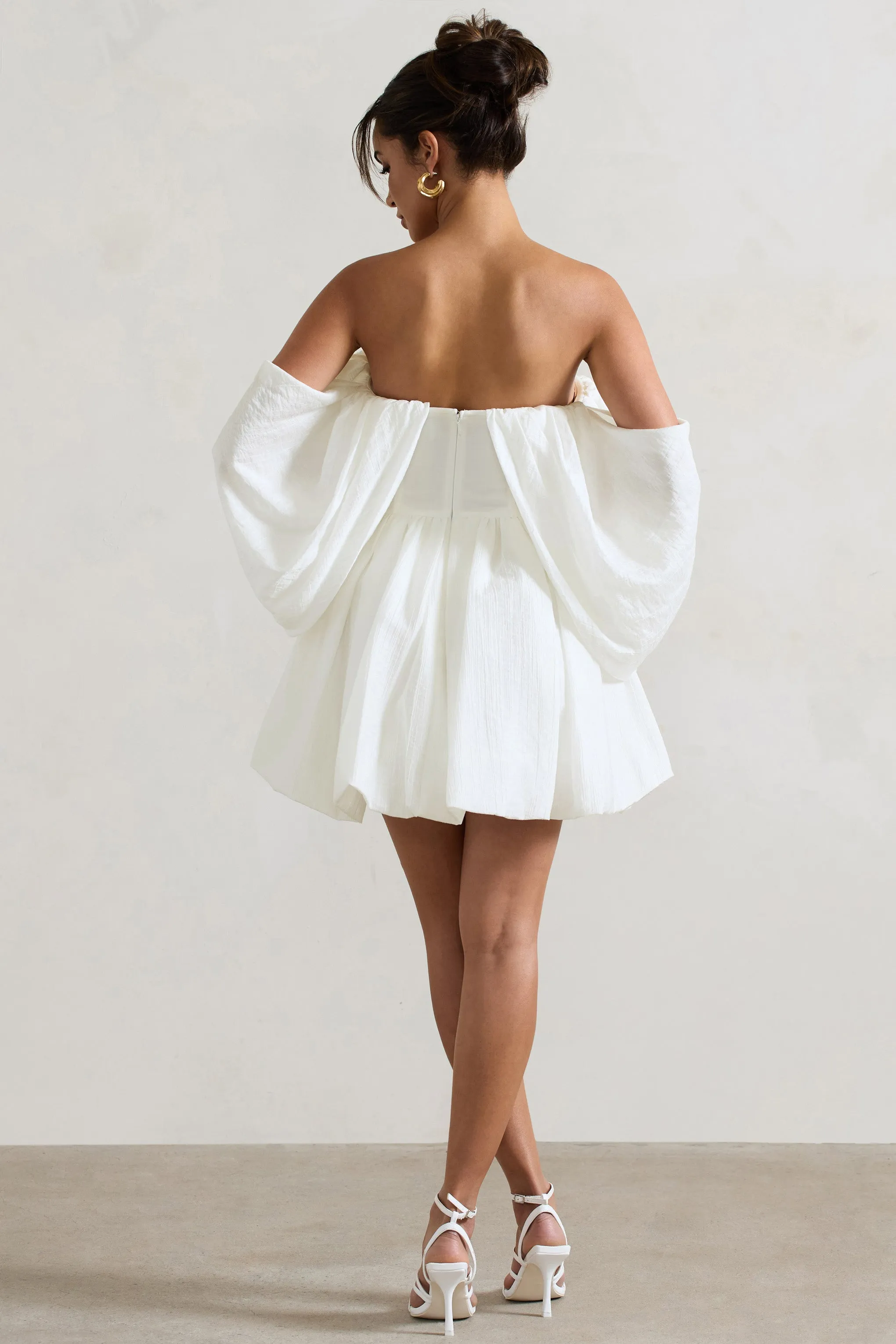 Marbella | Ecru Draped Bardot Skater Mini Dress