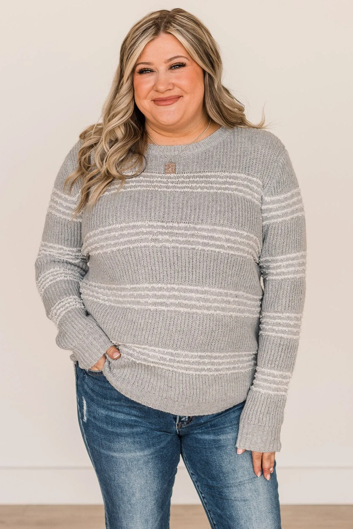 Meet Me There Striped Knit Sweater- Light Grey