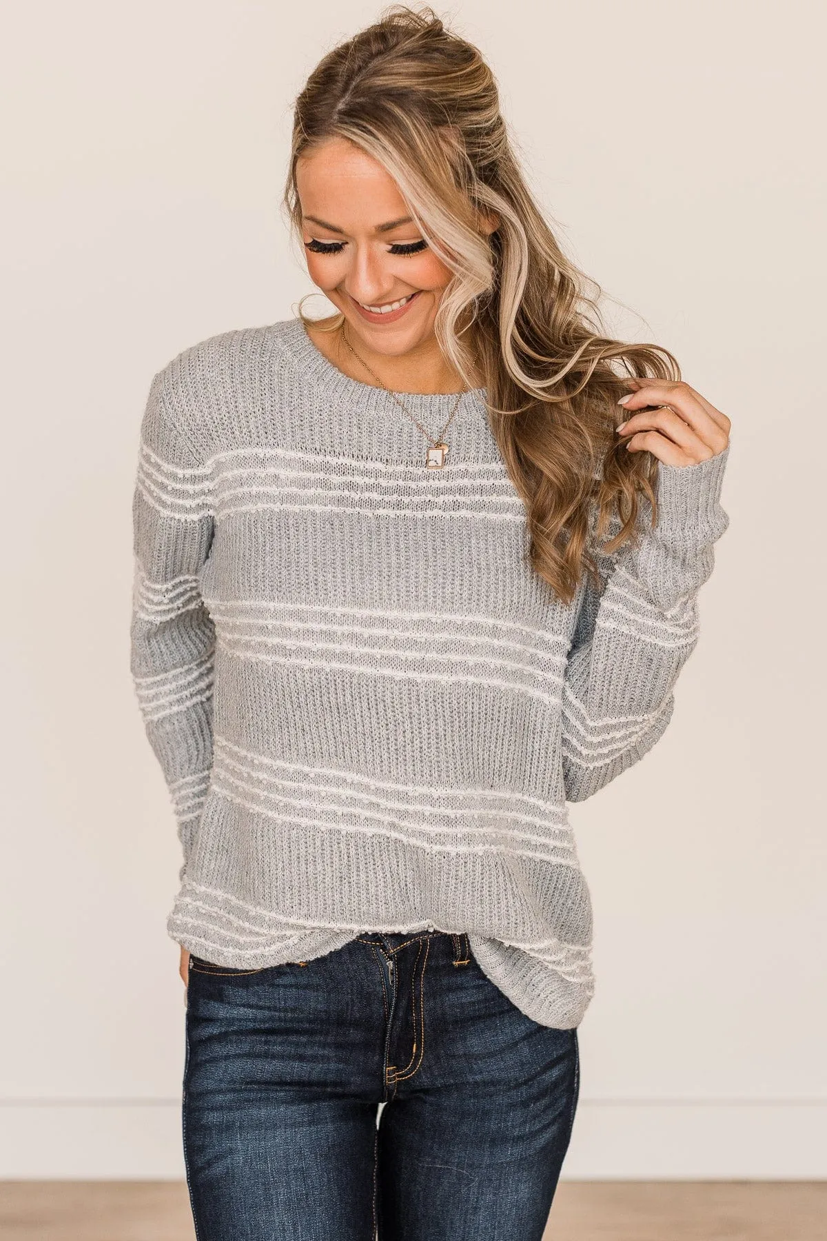 Meet Me There Striped Knit Sweater- Light Grey