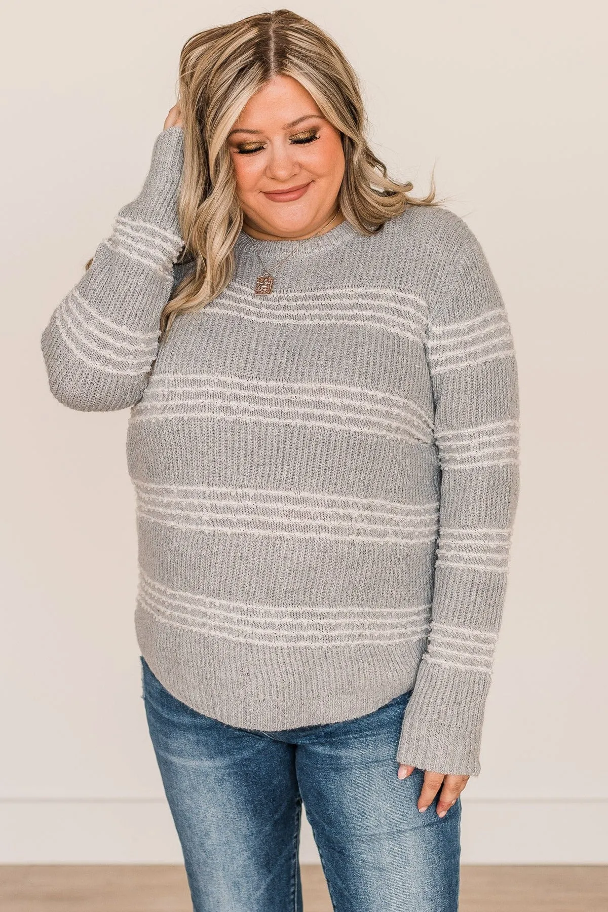 Meet Me There Striped Knit Sweater- Light Grey